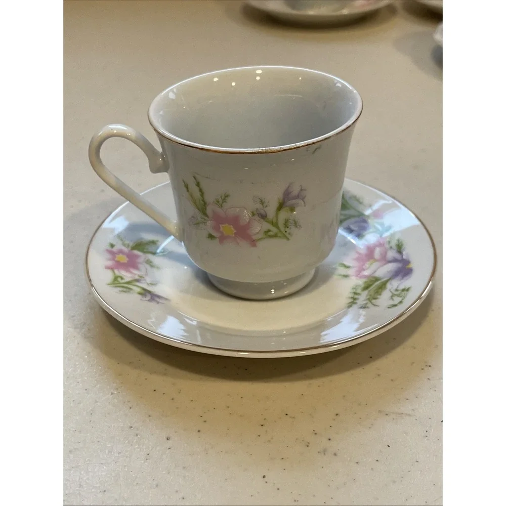 Vntg Coffee Espresso Set 6 Cups & Saucers Floral Garden Lady Grace Luceno Canada